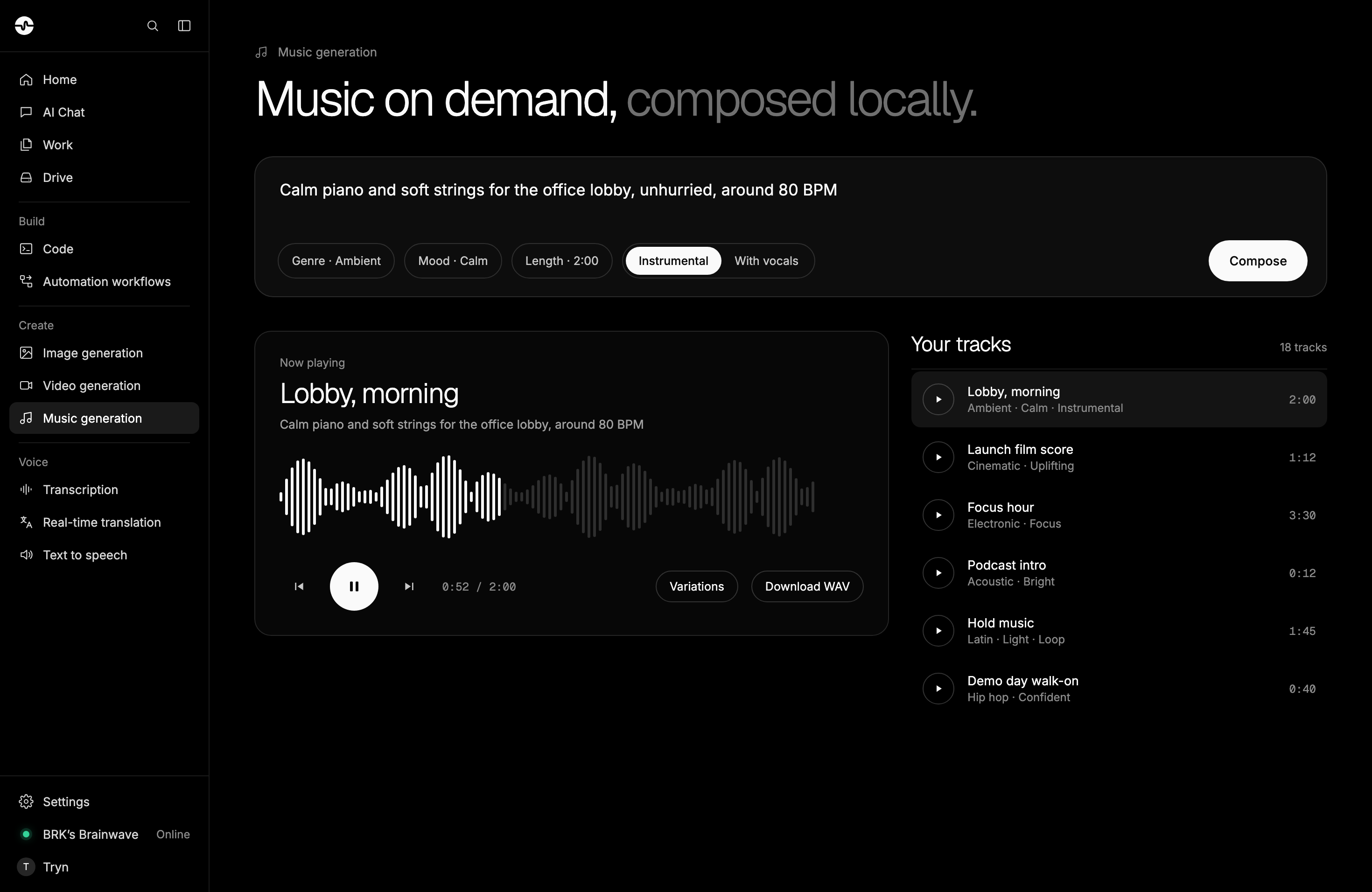 Brainwave desktop app: Music