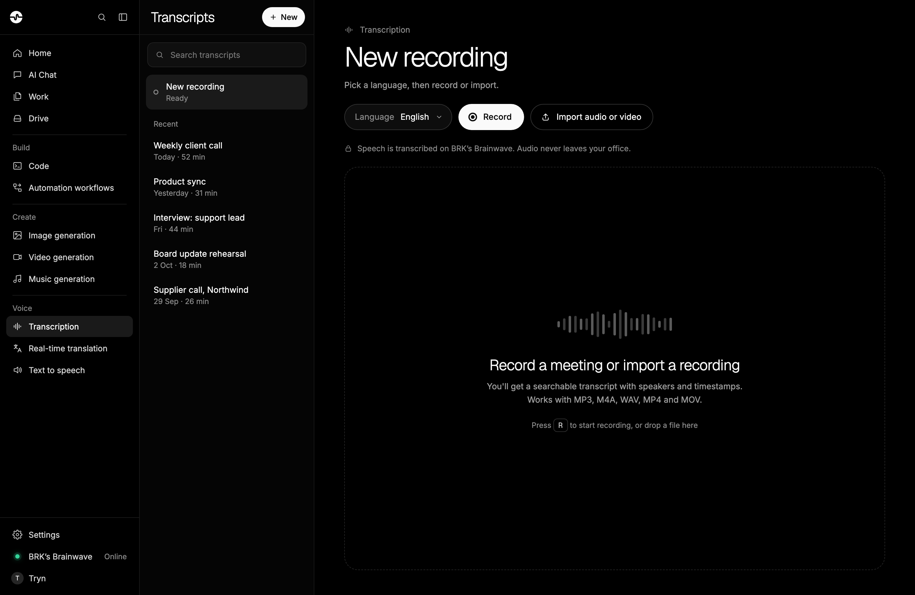 Brainwave desktop app: Transcription