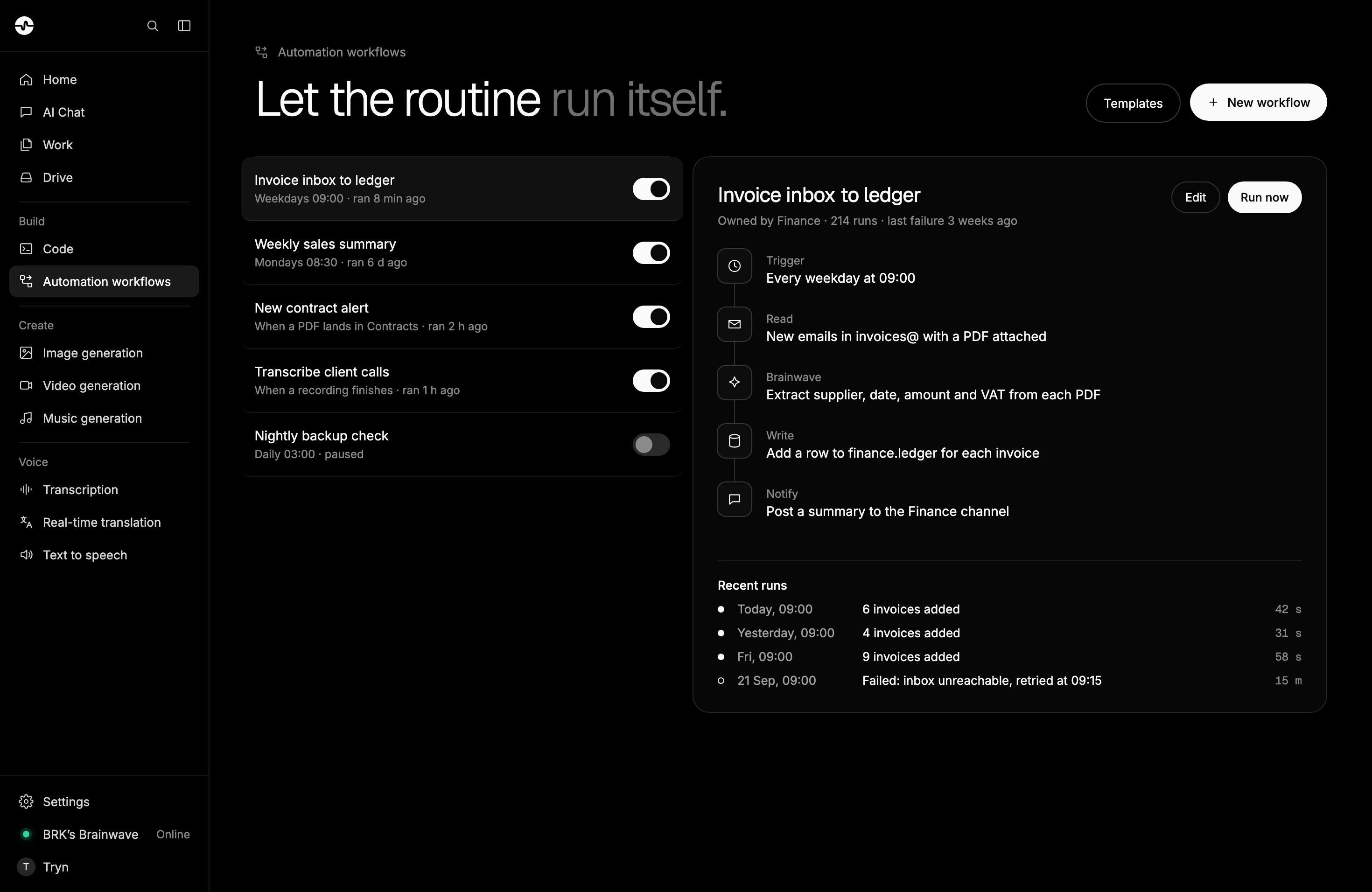 Brainwave desktop app: Workflows