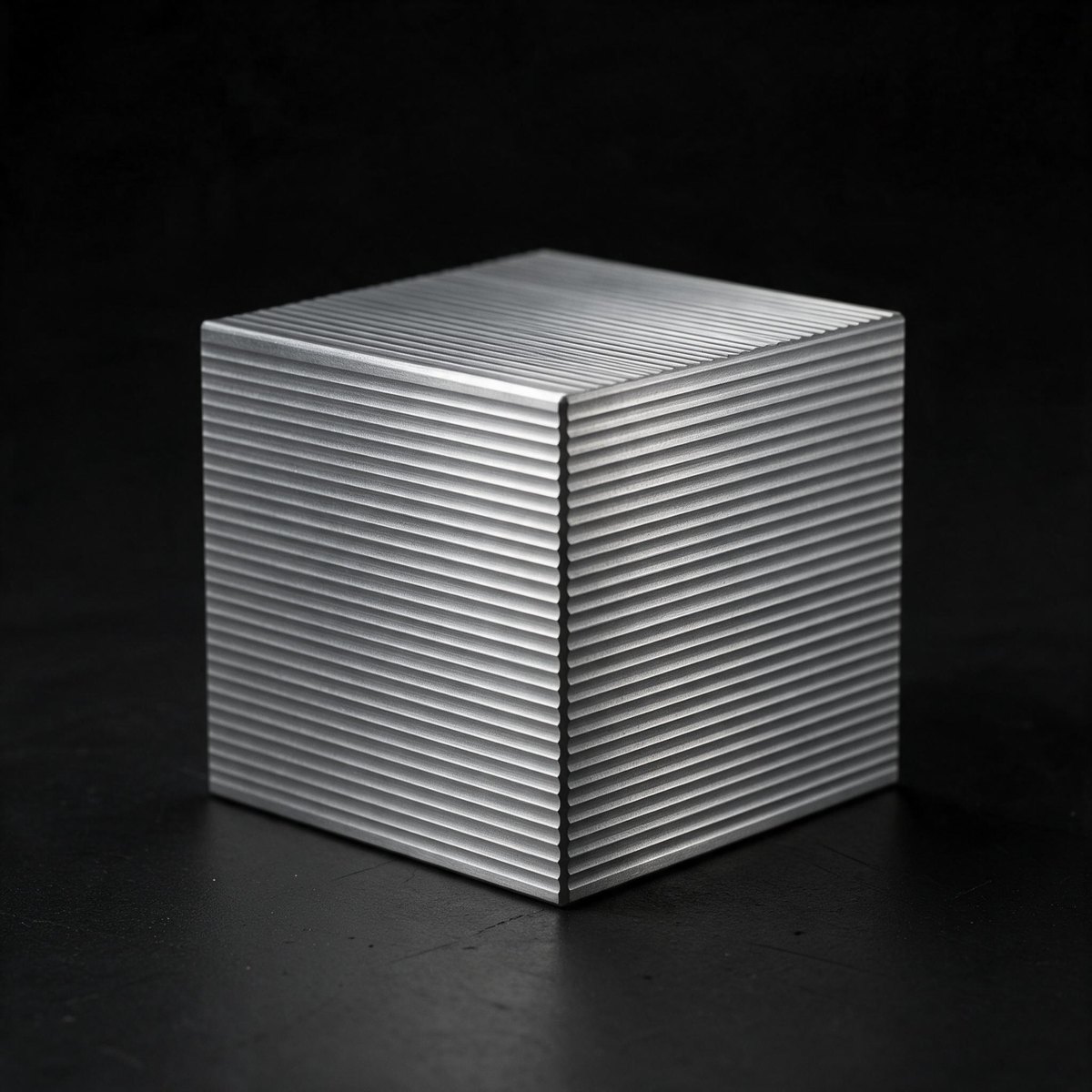 Generated image: an aluminium cube on a black studio floor